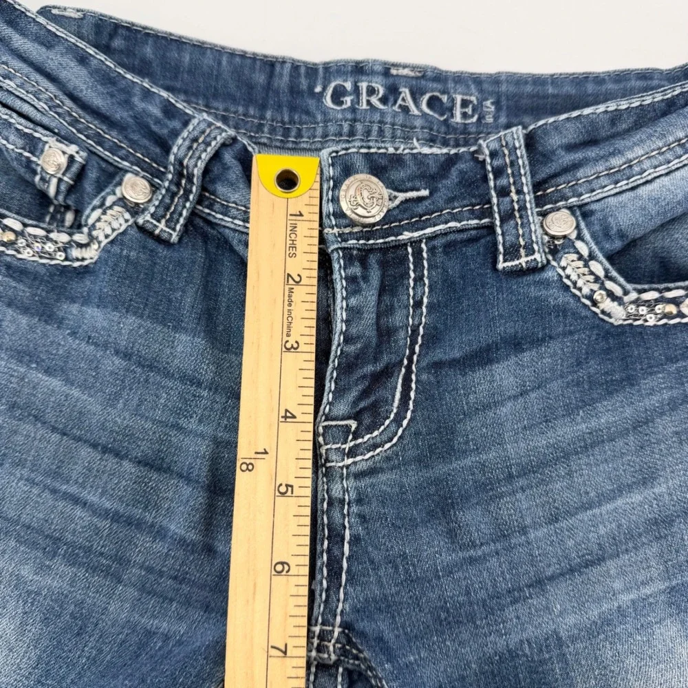 Grace in LA Bootcut Jeans Womens 27‎ Blue Medium Wash Embroidered Sequin Bling